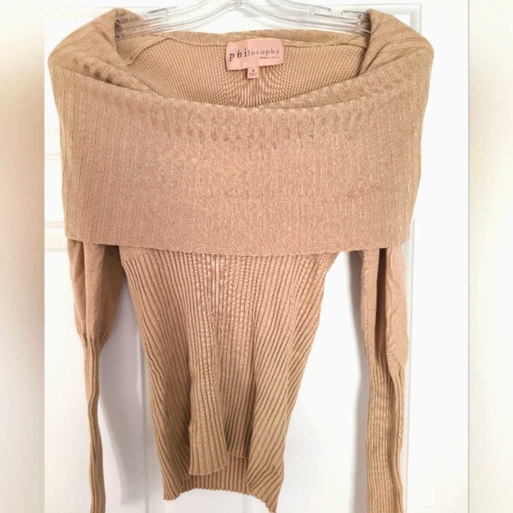 Philosophy Tan Off-the-Shoulder Sweater Ribbed Knit Cozy